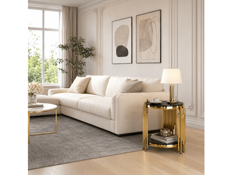  Bout de canapé rond 45x55 cm, double plateau, verre trempé, acier inoxydable, design moderne, noir et doré  - Conforama D