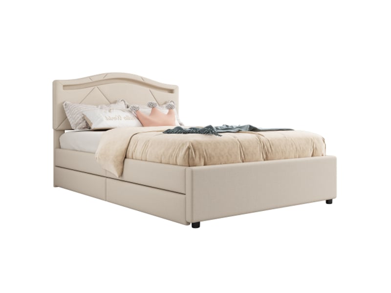  Lit capitonné 90x200 cm avec sommier à lattes, éclairage led, 2 tiroirs, tête de lit réglable – lin beige  - Conforama A