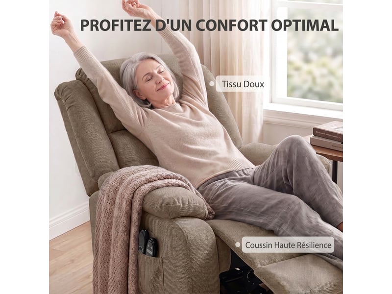  Fauteuil releveur électrique, massage et chauffage, repose-pieds, dossier inclinable, 93x104x100cm, télécommande, marron  - Conforama R