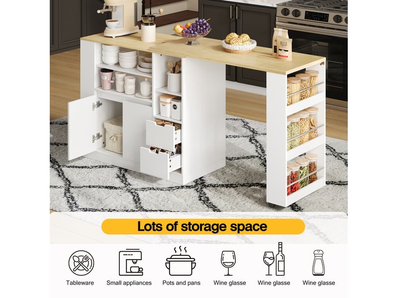 Desserte de cuisine avec 2 tiroirs, étagères latérales et plateau pivotant extensible pour cuisine, 115 × 50 × 92 cm  - Conforama E