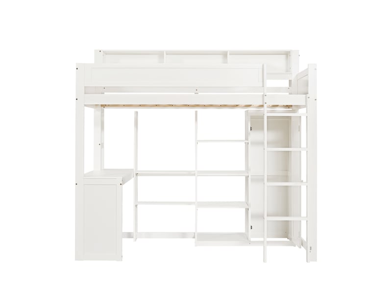  Lit superposé avec table et armoire, lit enfant, avec barrière de sécurité, étagères et échelle à quatre marches, espace de rangement intégré, pin + mdf + contreplaqué, blanc, 90 x 200 cm  - Conforama E