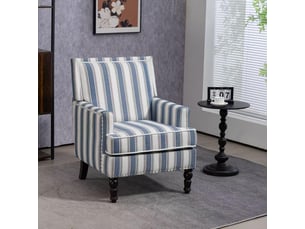 Fauteuil de salon vintage 64x69x89cm - fauteuil d'accent rembourré avec clous décoratifs et pieds en bois massif - tissu de lin -bleu et blanc
