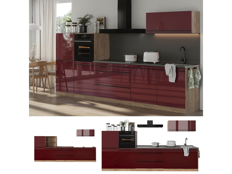 Vicco cuisine, rouge brillantchêne doré, 340cm plan de travail chêne doré  - Conforama D