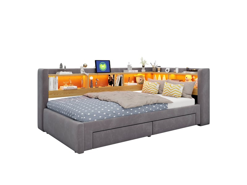  Lit gigogne 90x200 cm avec lit tiroir extensible 180x200 cm, rangement, led et prise, lit banquette multifonction en velours - gris foncé  - Conforama A