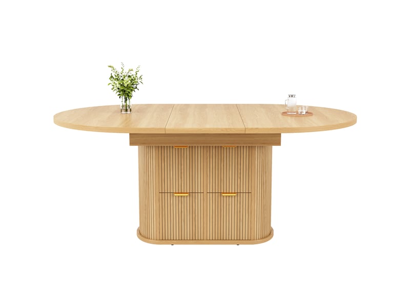  Table à manger extensible 118158 x 118 x 76,8 cm, 4 à 6 personnes, 2 tiroirs, rangements rabattables, relief vertical, poignées métal, chêne clair Bliss Lite - Conforama A