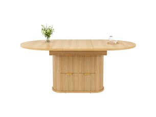 Table à manger extensible 118158 x 118 x 76,8 cm, 4 à 6 personnes, 2 tiroirs, rangements rabattables, relief vertical, poignées métal, chêne clair