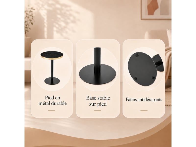  Table d'appoint ronde, plateau effet marbre noir avec bordure en métal doré, structure en métal noir, ø 60 cm  - Conforama R