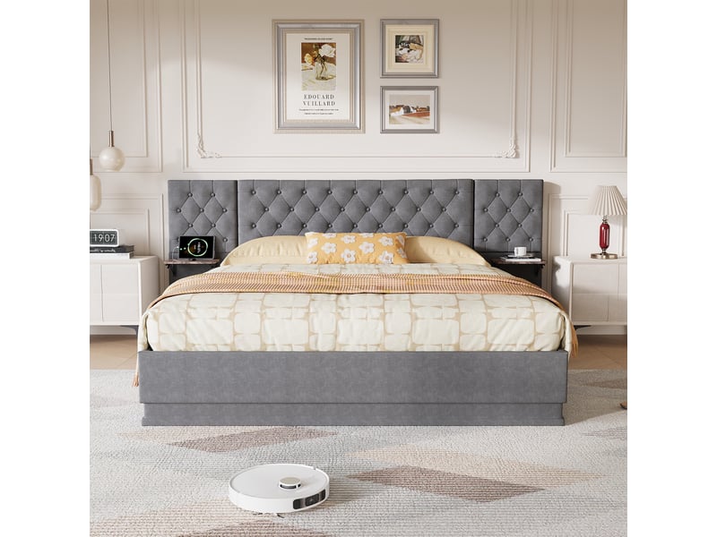  Lit coffre 140x200cm - lit double 140x200 en lin - lit 140x200  avec led et tables de chevet suspendues - gris  - Conforama C