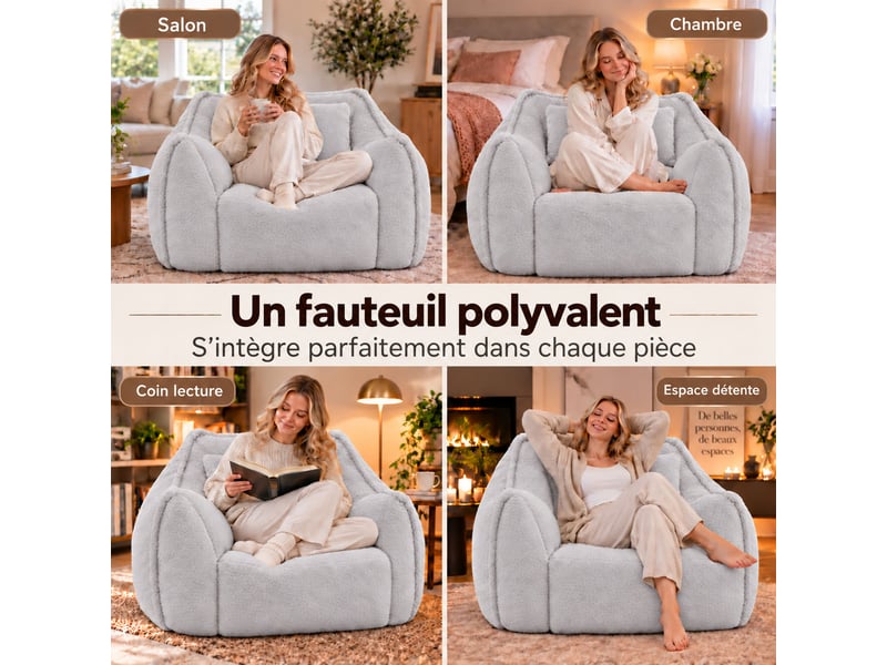 Fauteuil pouf paresseux en fausse fourrure, sans montage, rempli de mousse déchiquetée haute densité, design ergonomique,gris - Conforama C
