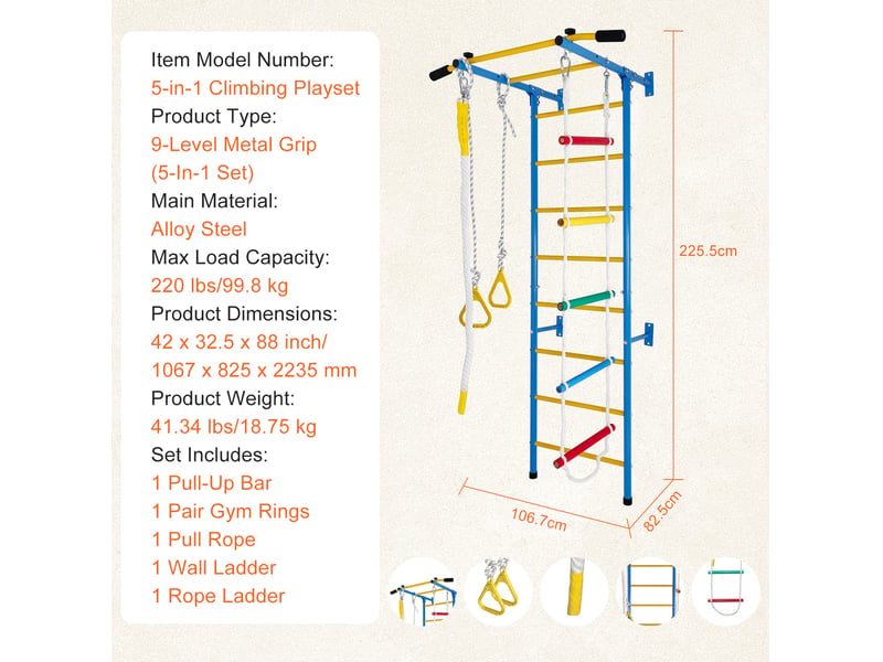  Jeu d'escalade intérieur pour enfants 106,7 x 82,5 x 223,5 cm bleu en acier carbone, 5 activités sportives  - Conforama E