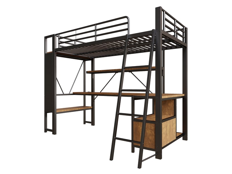 Lit mezzanine 90x200 cm noir avec led, bureau, étagères, panneau perforé et usb - Conforama D