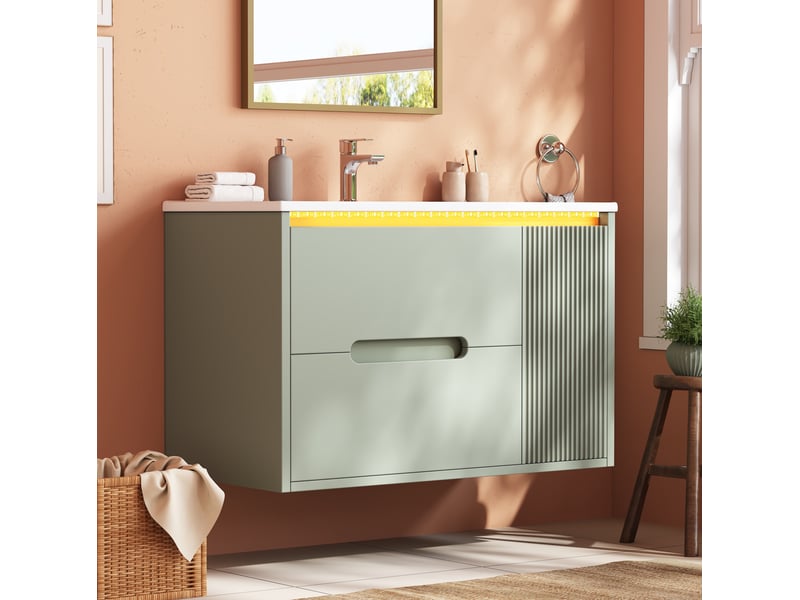 Meuble sous lavabo mural 81 cm vert avec vasque en céramique, led pilotée par application et rangement intégré - Conforama B