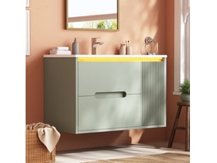 Meuble sous lavabo mural 81 cm vert avec vasque en céramique, led pilotée par application et rangement intégré