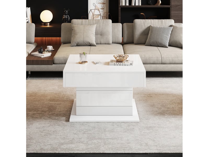  Table basse relevable 70 x 70 x 45-59 cm 360° tiroir rangement caché laqué brillant panneau de particules blanc  - Conforama D