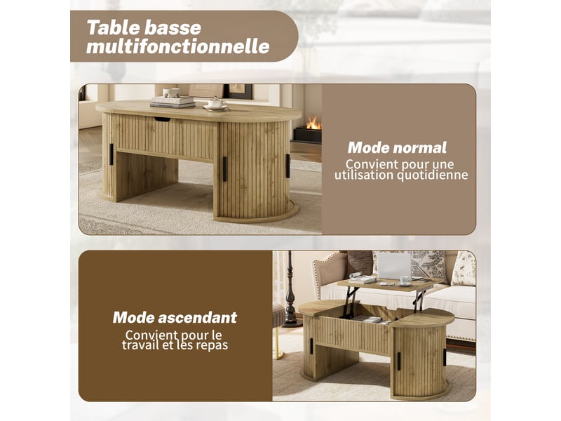  Table basse moderne à hauteur réglable, idéale pour le salon, avec étagères ouvertes et rangements dissimulés, portes coulissantes, parfaite pour les petits appartements et les bureaux à domicile.  - Conforama D