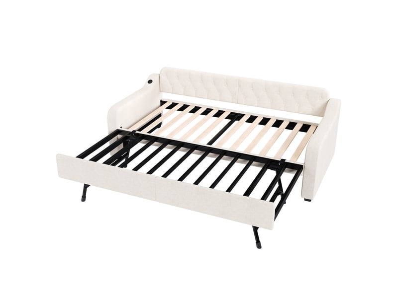  Lit banquette gigogne 90x200cm avec ports usb, revêtement en lin beige  - Conforama A
