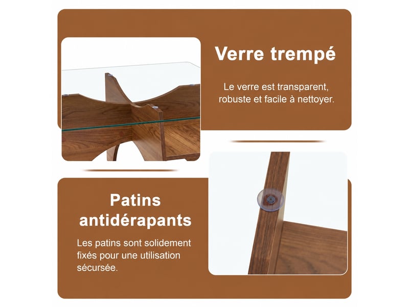  Table basse carrée 80 cm avec plateau en verre trempé et pieds en mdf effet noyer  - Conforama R