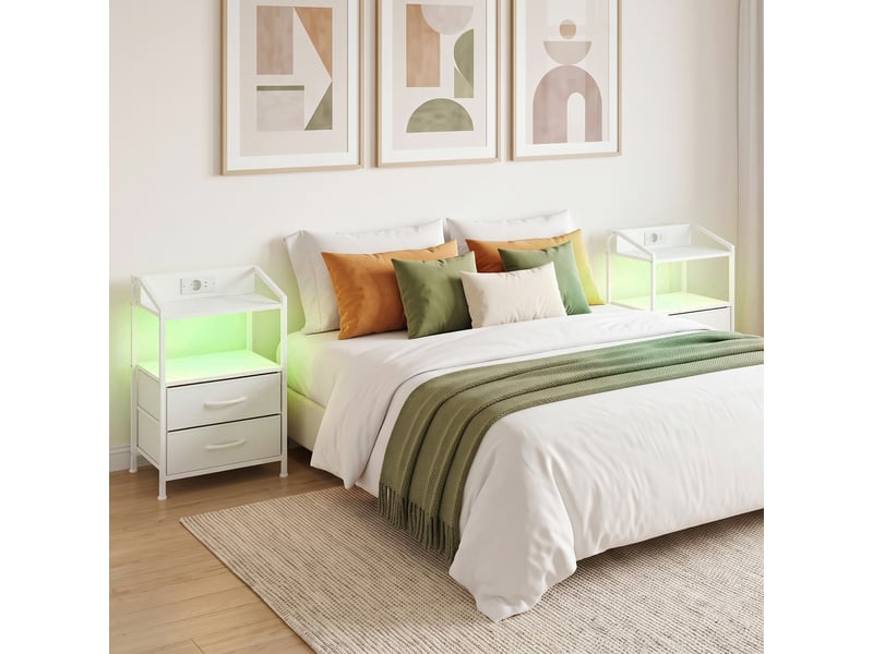  Lot de 2 tables de chevet avec led rgb et chargeur, 40 x 30 x 60 cm, blanches  - Conforama D