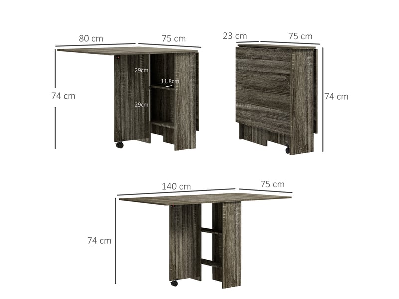  Table à abattants avec 2 étagères inférieures pour 6 personnes maximum, en bois, 140 x 75 x 74 cm, grise  - Conforama E