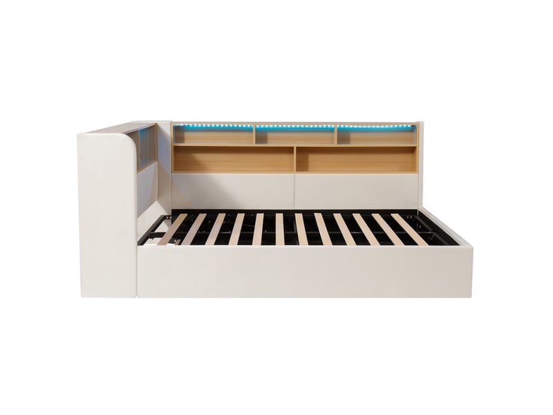  Daybett 140x190 cm mit hydraulischem stauraum, polsterbett, tagesbett, schlafsofa mit led, usb &amp; rückenlehne, samt, beige  - Conforama E