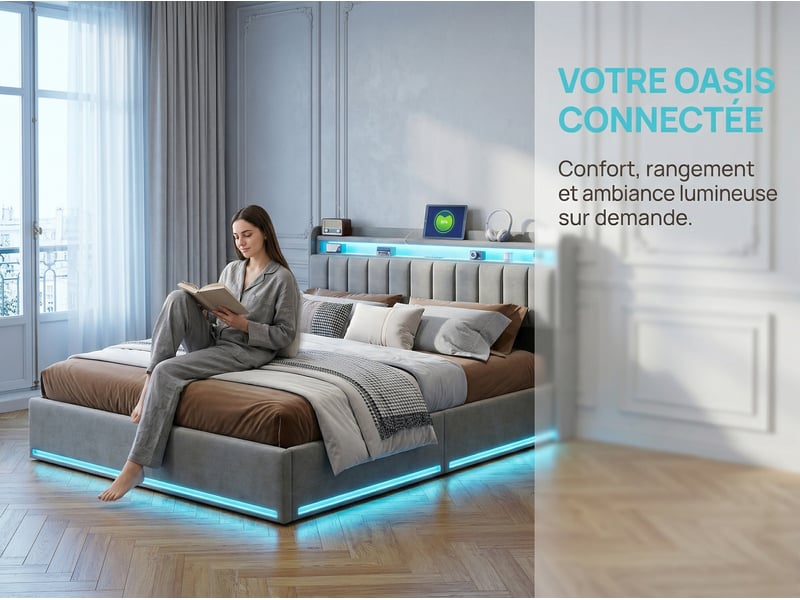  Lit coffre 140x190 cm - tiroirs de rangement - led rgb intégrée - usb type-c - tête de lit avec rangement - velours  - Conforama E