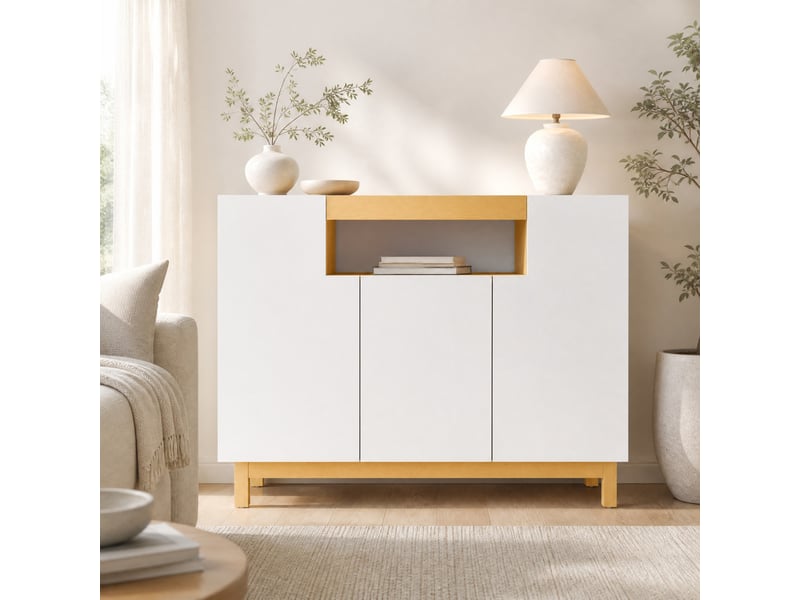  Buffet 120.5x42x96 cm 3 portes et niche ouverte en panneaux de particules blanc  - Conforama B