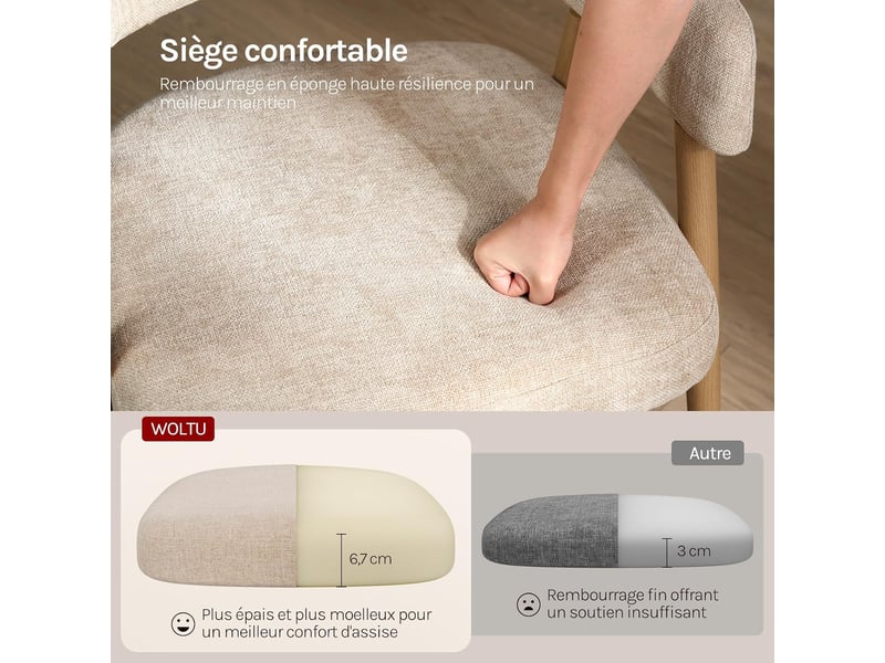  Lot de 6 chaises de salle à manger, accoudoirs incurvés, tissu chenille，beige  - Conforama C