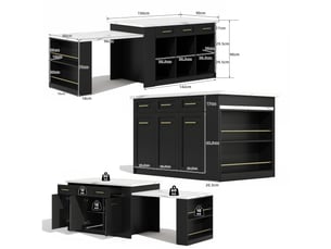 Îlot de cuisine 150 × 90 × 90 cm noir, mdf, plateau effet marbre blanc, table extensible 96 cm et nombreux rangements