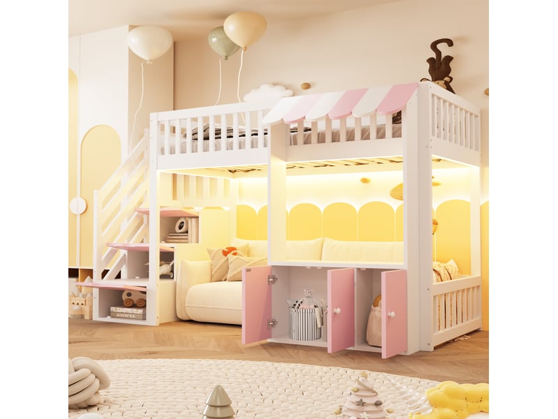  Lit mezzanine enfant 90x200 cm avec rangements, led multicolore, rose et blanc  - Conforama D