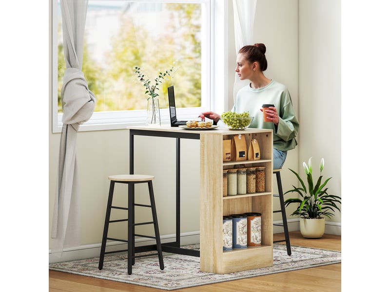  Ensemble table de bar 3 pièces, 1 comptoir, 2 chaises, avec espace de rangement et repose-pieds, gain de place, marron clair et noir  - Conforama C