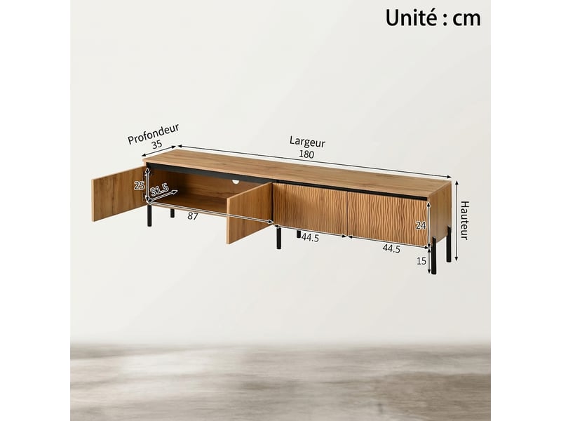 Meuble tv bois naturel 180 cm avec 4 portes ondulées et pieds en métal  - Conforama C
