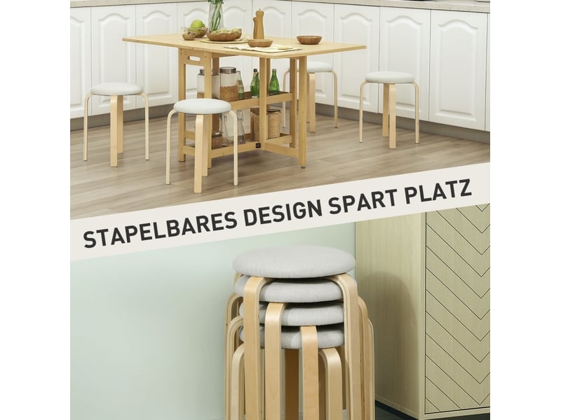  Lot de 4 tabourets de salle à manger empilables, assise rembourrée en tissu effet lin, bois blanc crème  - Conforama D