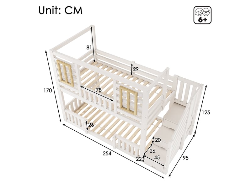  Lit superposé cabane 90x200 cm blanc avec escalier de rangement, lit enfant en bois avec fenêtres et sommier inclus  - Conforama C