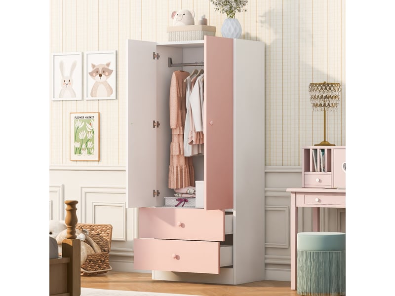 Armoire chambre 2 portes 2 tiroirs 70x40x170 cm - penderie avec rangement - design bicolore rose - Conforama D