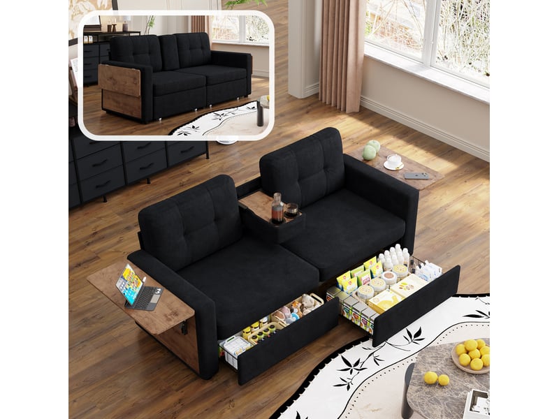  Canapé 2 places 178x71x57,5 cm tablettes réglables et rangements noir  - Conforama B