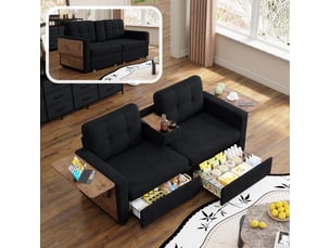 Canapé droit fixe FLORAGRACE 2 places Tissu noir avec coffre de rangement