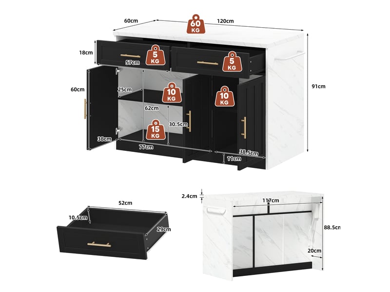  Îlot de cuisine 120x60x91 cm avec prises usb, tiroirs, portes, mdf, noir  - Conforama C