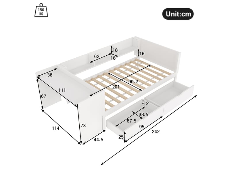 Lit avec rangement 90x200 cm blanc avec bureau, étagères et 2 tiroirs - Conforama C