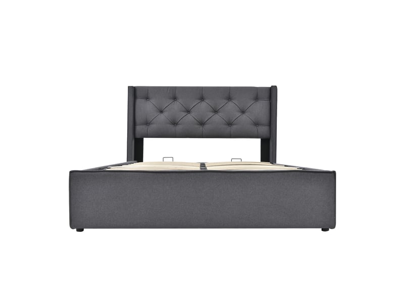  Lit coffre hydraulique 140x200cm en coton gris, sommier à lattes inclus, sans matelas, tête rembourrée  - Conforama A