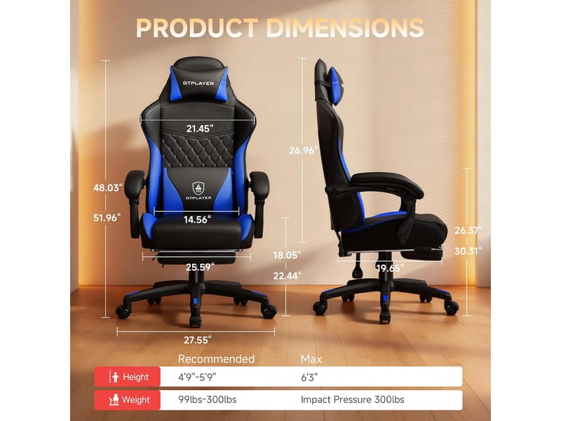  Gtplayer chaise de jeu avec double dossier, repose-pieds, housse amovible, 150kg, réglable - bleu GTP100-BLUE - Conforama B