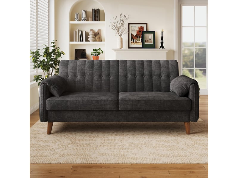 Canapé 2 places - 161.5x79x83.5cm - canapé droit en chenille avec poches latérales et pieds en bois massif 18cm - noir - Conforama D