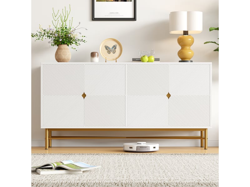 Buffet 160x40x82 cm avec 4 portes en relief texturé, meuble de rangement blanc avec pieds métal doré, design moderne en mdf - blanc - Conforama D