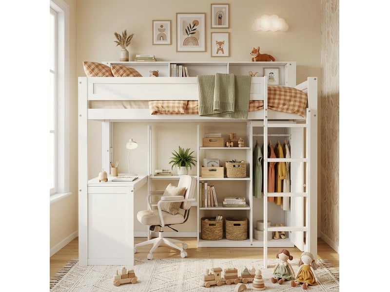  Lit enfant 90x200 cm avec bureau, armoire et étagères, blanc  - Conforama B
