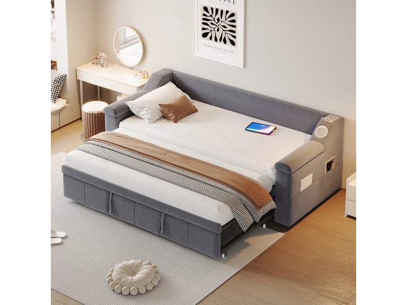  Canapé-lit 90x190 cm avec chaîne stéréo bluetooth intelligente et usb, lit gigogne avec sommier à lattes, velours, gris  - Conforama A
