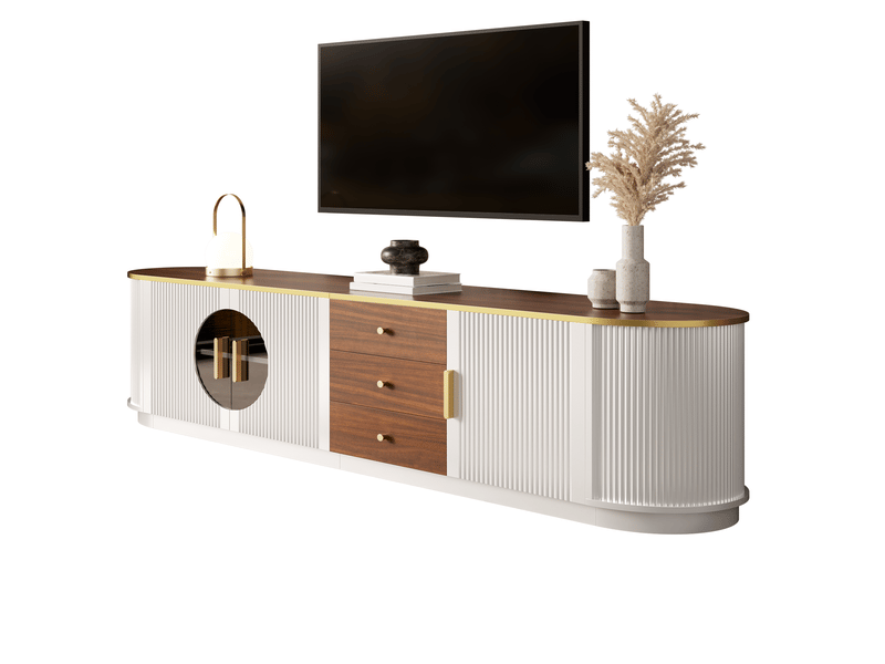 Meuble tv 180 x 40 x 46 cm – blanc et marron – 3 tiroirs, 3 portes et passe-câbles - Conforama A