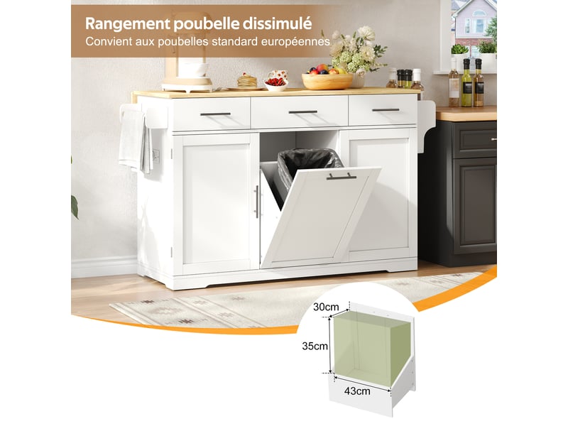 Desserte de cuisine avec 3 tiroirs, 2 étagères de porte, poubelle, prises et roulettes pour cuisine en mdf 136×50×92 cm - Conforama E