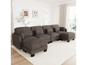Canapé panoramique modulable 330 cm 4 places avec 2 poufs, coussins d’accoudoir amovibles, coussins lombaires épais, chenille, brun café