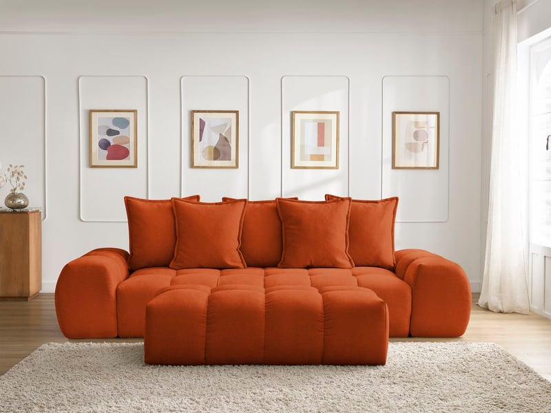  Bobochic canapé droit fixe 3 places everest tissu texturé avec pouf orange EVEREST - Conforama D