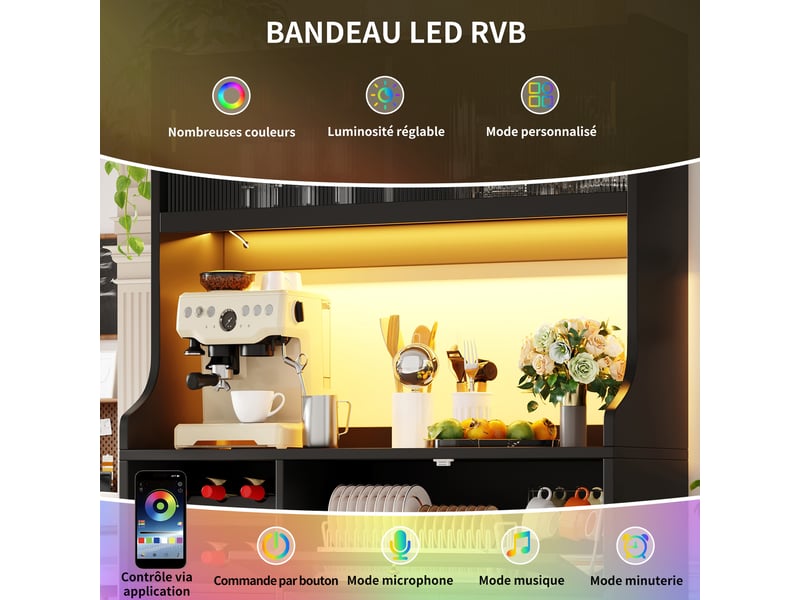  Buffet de cuisine haut 120 x 40 x 180 cm noir, avec éclairage led rgb, 3 tiroirs et portes vitrées coulissantes, casier à vin  - Conforama E