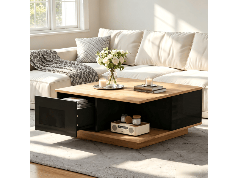 Table basse carrée 70 x 70 x 31,5 cm, 3 tiroirs et niche ouverte, panneaux de particules, noir et bois Fay Lum - Conforama B